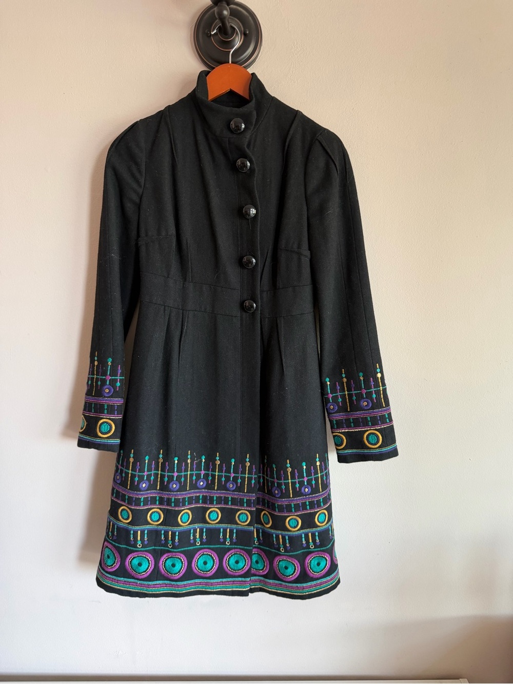 Embroidered Wool Blend Longline Coat Black Mock Neck Geometric Boho Jacket
